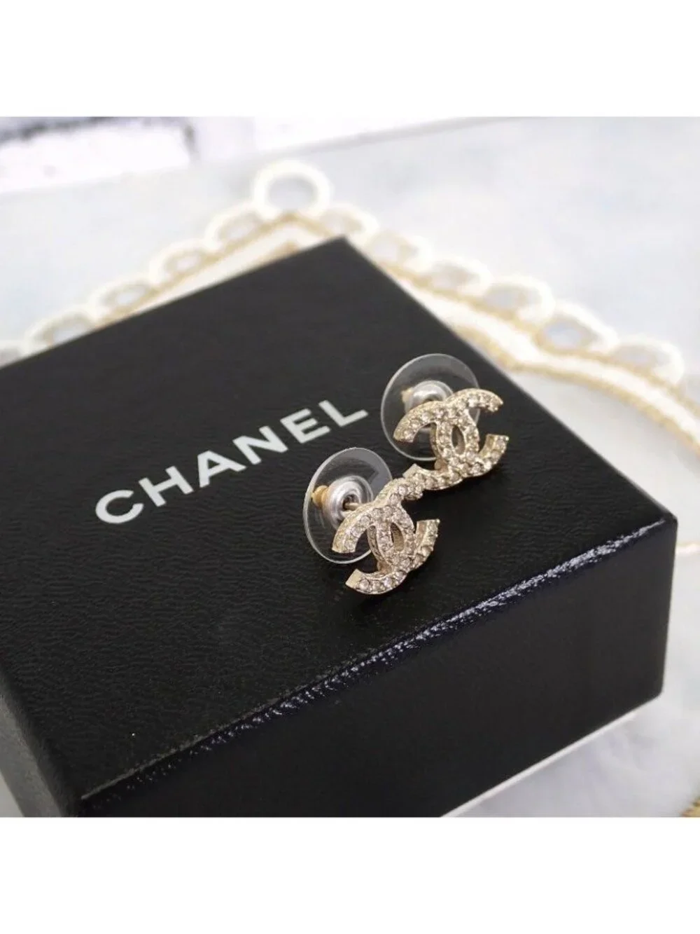 Chanel CC Logo Earrings Metal Crystal Gold Boxed Accessory Saree